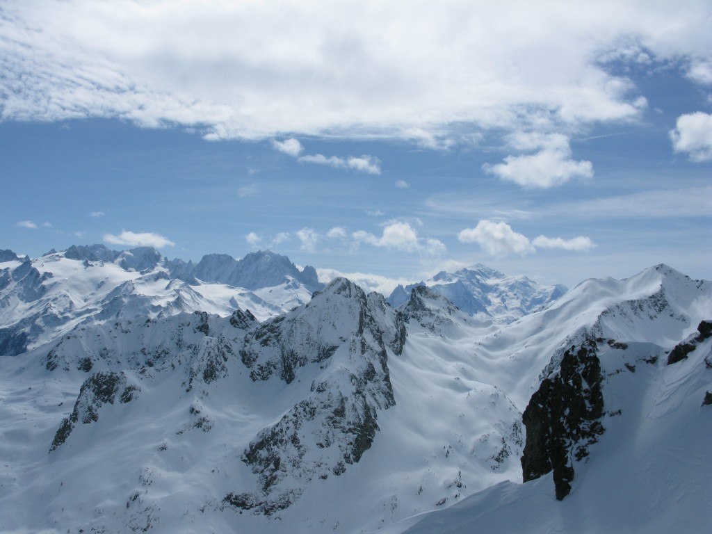 Chamonix views from right to left: Mont Blanc, Aiguille Verte, les Droites, Les Courtes