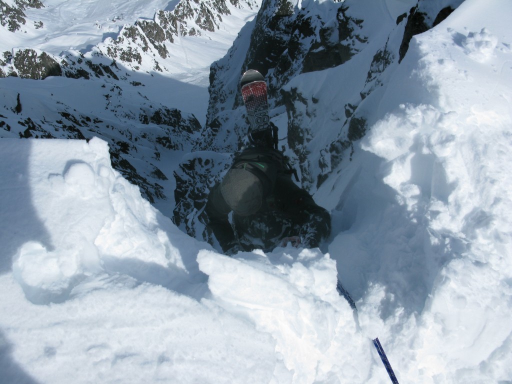 Seb rappeling into the couloir